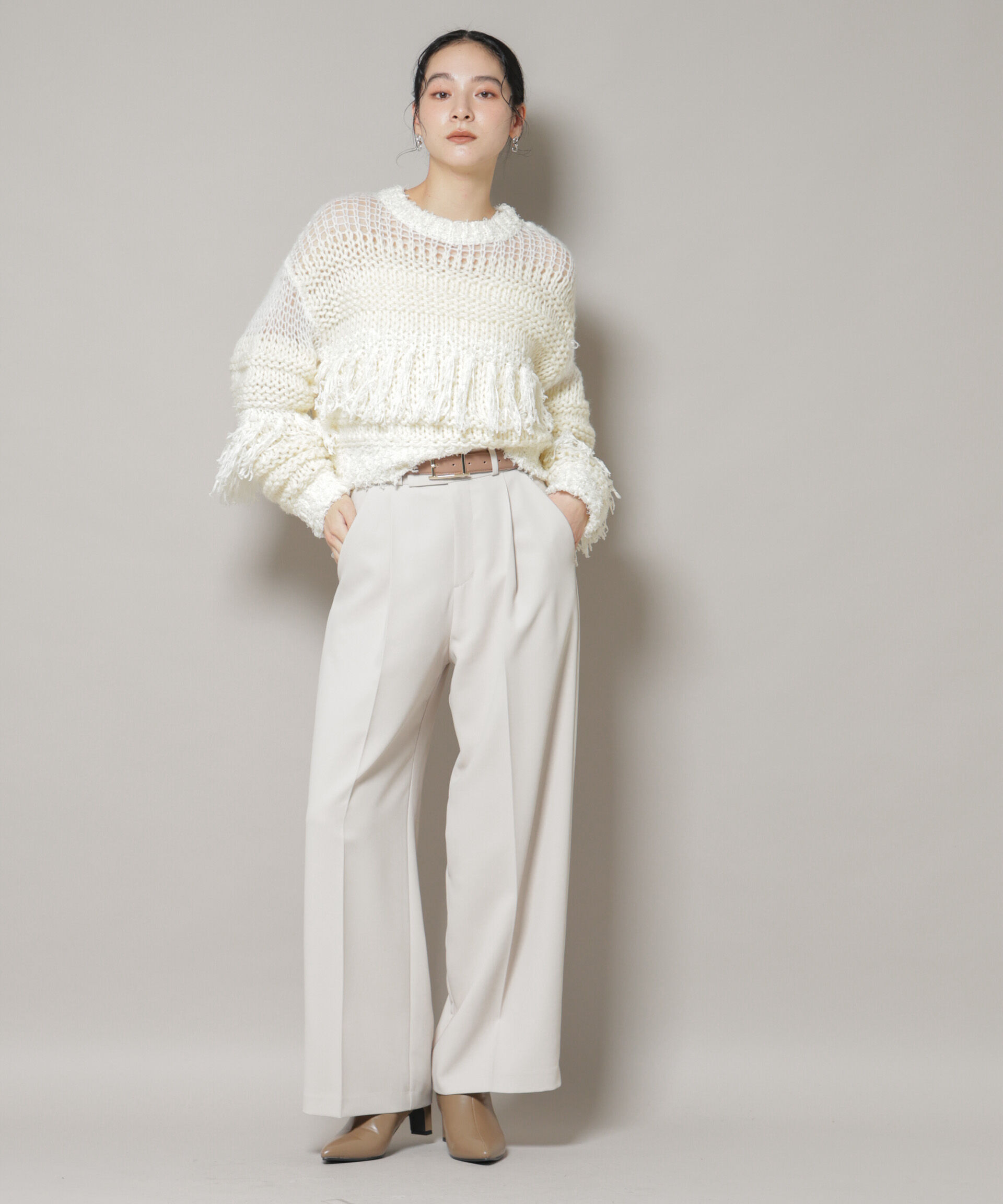 nano･universe「異素材ボーダーフリンジニットプルオーバー」|ニット・セーター|