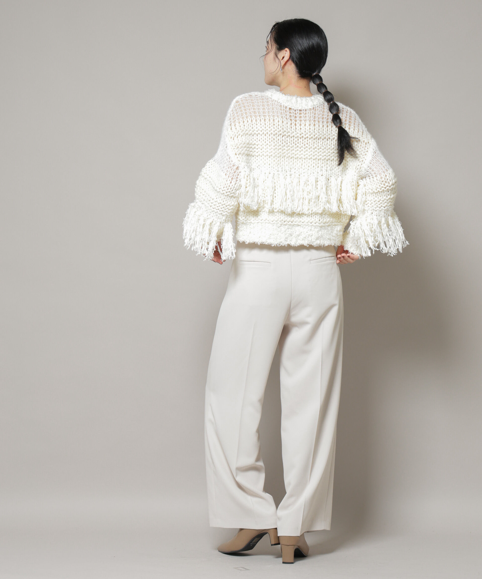 nano･universe「異素材ボーダーフリンジニットプルオーバー」|ニット・セーター|