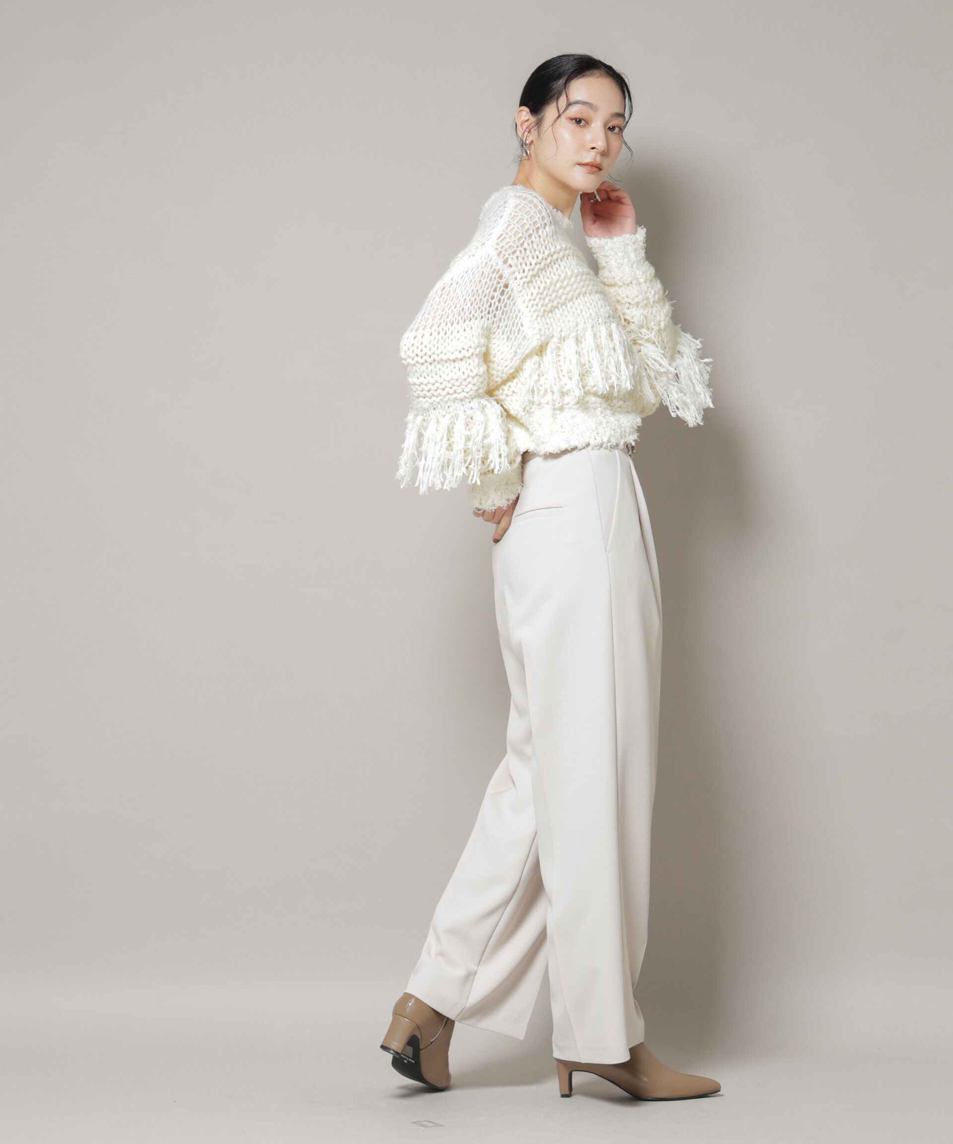 nano･universe「異素材ボーダーフリンジニットプルオーバー」|ニット・セーター|
