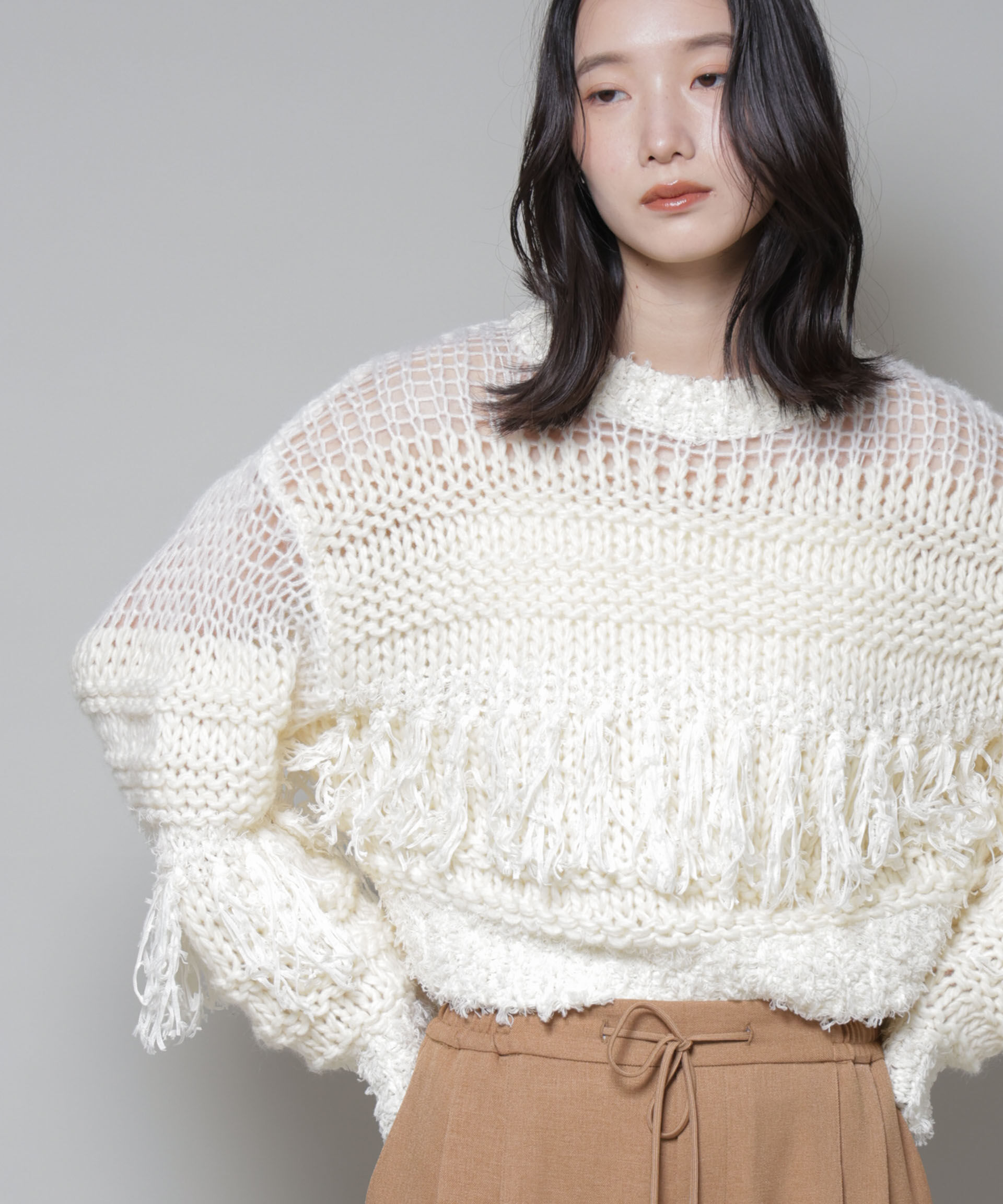 nano･universe「異素材ボーダーフリンジニットプルオーバー」|ニット・セーター|