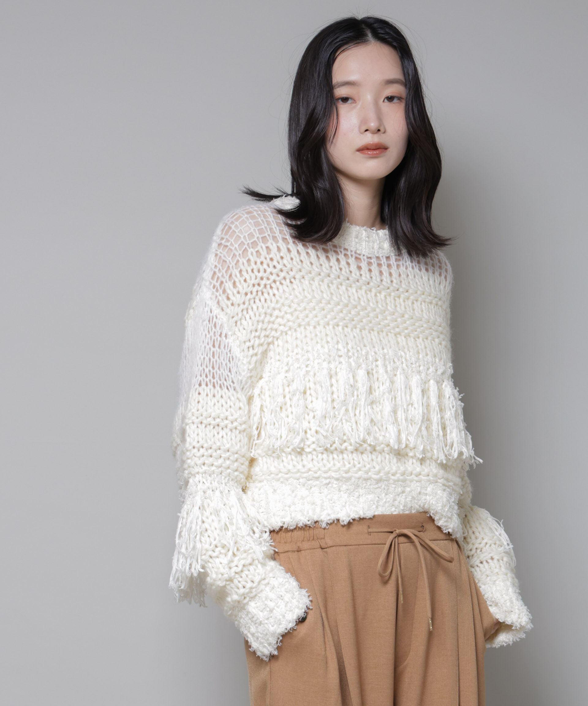 nano･universe「異素材ボーダーフリンジニットプルオーバー」|ニット・セーター|