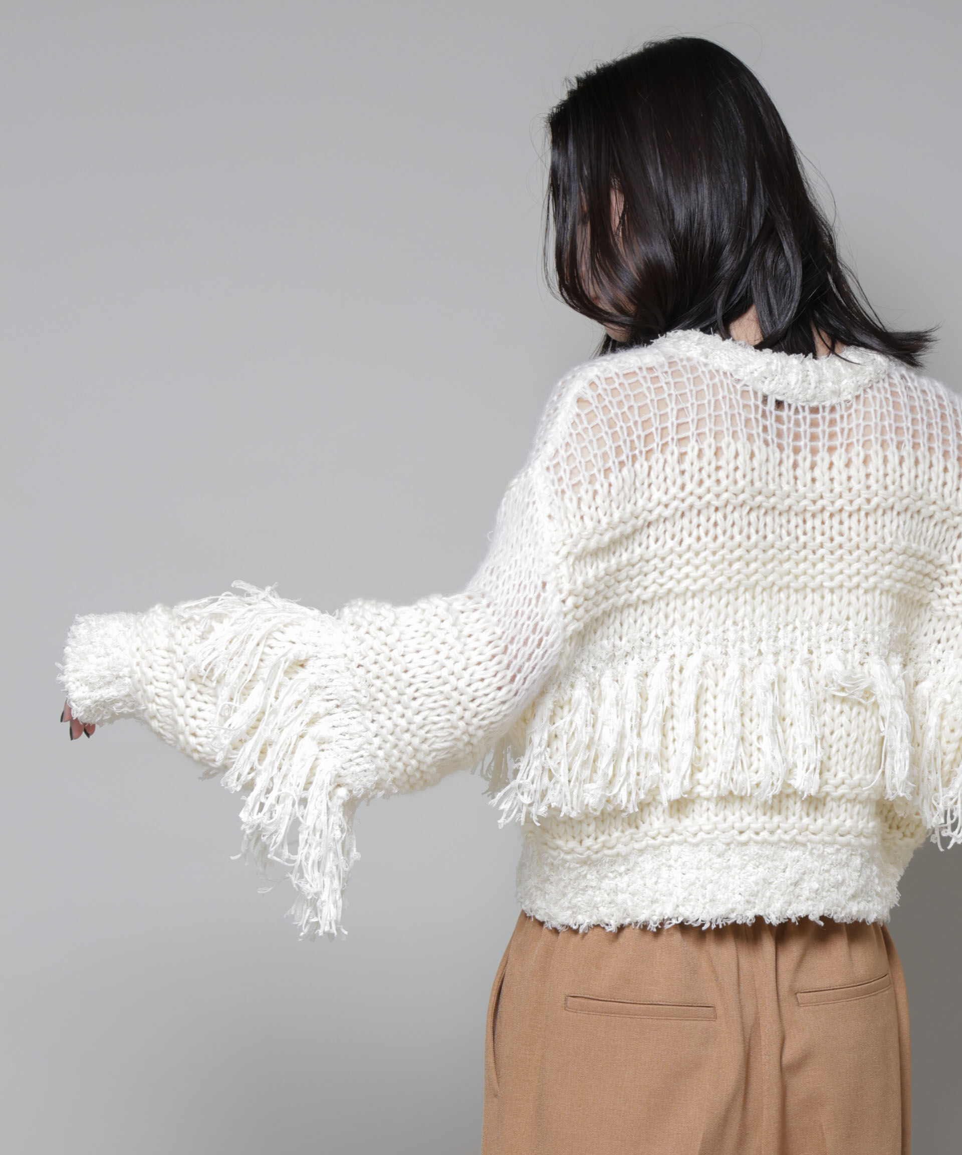 nano･universe「異素材ボーダーフリンジニットプルオーバー」|ニット・セーター|