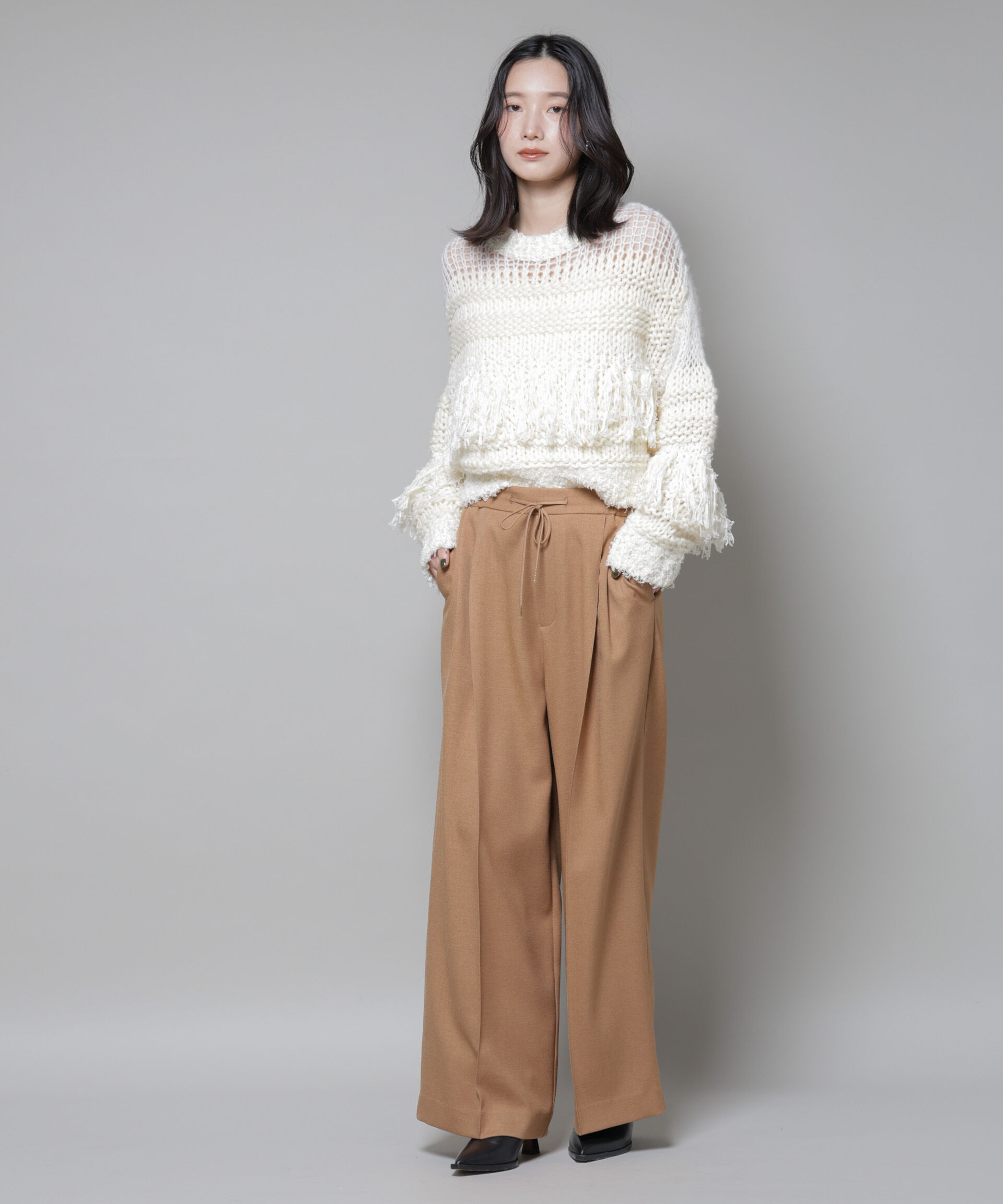 nano･universe「異素材ボーダーフリンジニットプルオーバー」|ニット・セーター|