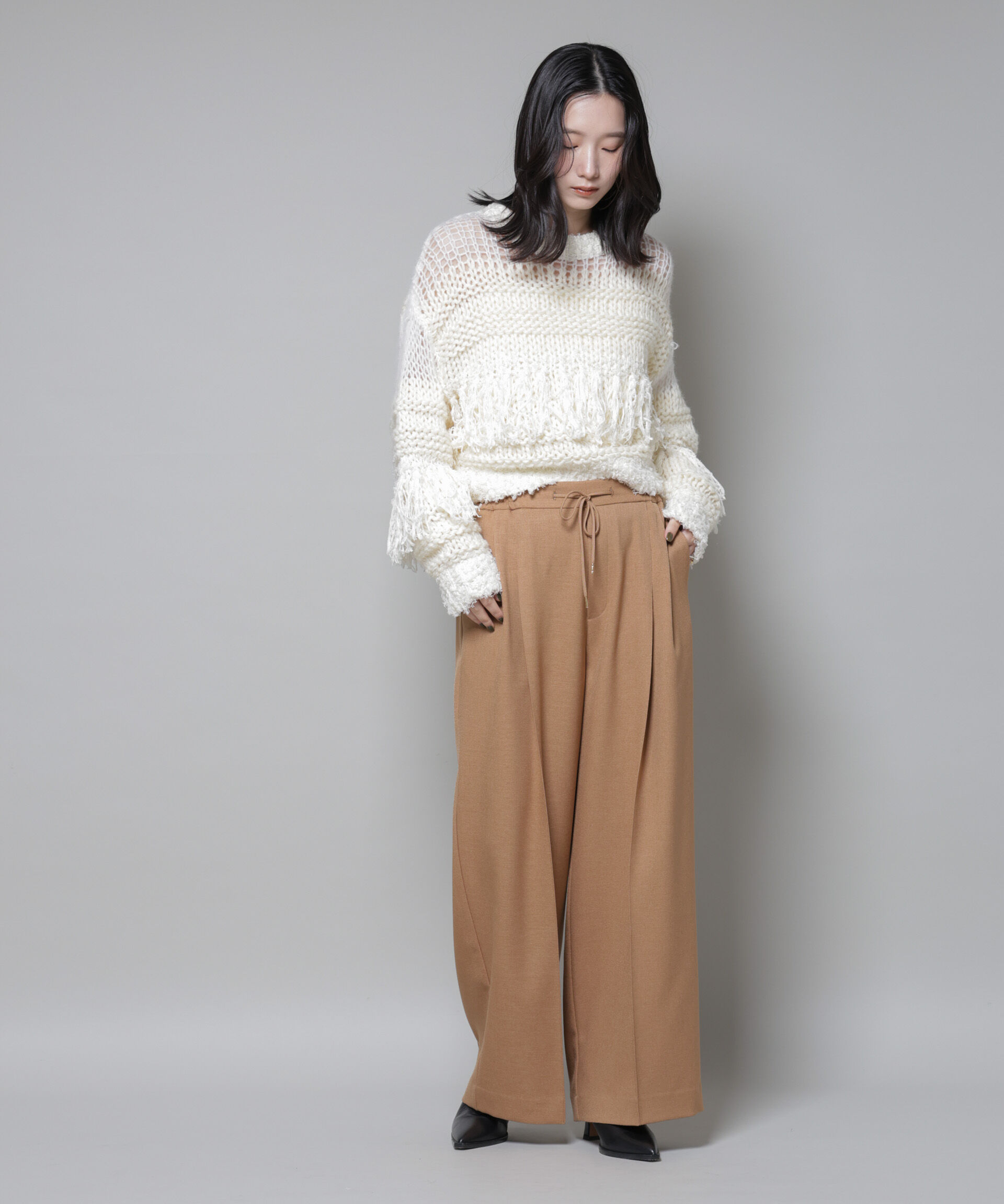 nano･universe「異素材ボーダーフリンジニットプルオーバー」|ニット・セーター|