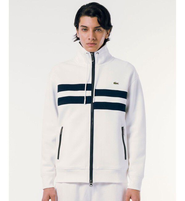 LACOSTE「アシンメトリーボーダーハイネック ドローストリング 鹿の子地 トラックジャケット」|スウェット・ジャージ|ホワイト