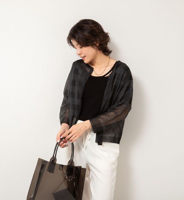 Rie Miller「《手洗い可能》シアーブロックチェック2WAYクルーネックカーディガン」|カーディガン|