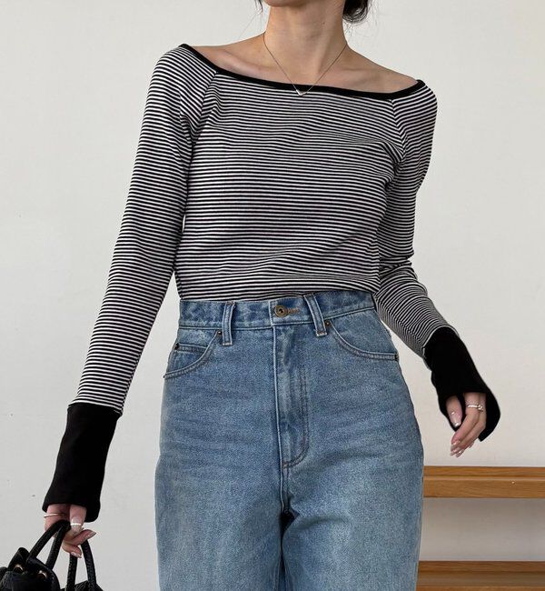  「ボーダー袖ボタンロンT」|Tシャツ・カットソー|ブラック