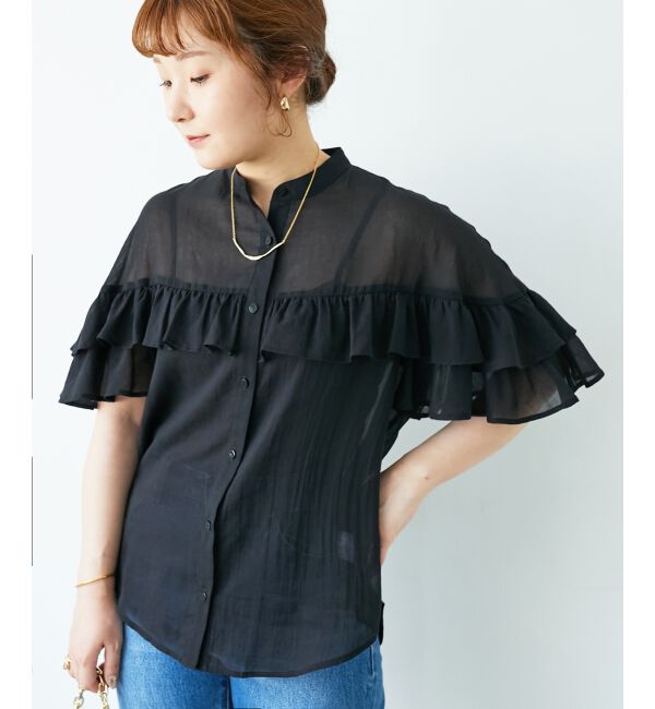  「バンドカラーシアーフリルブラウス」|シャツ・ブラウス|