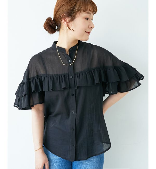  「バンドカラーシアーフリルブラウス」|シャツ・ブラウス|