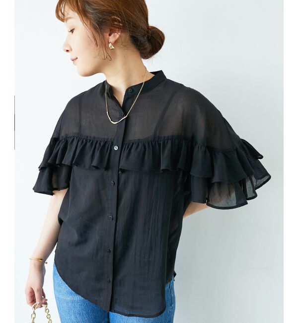 「バンドカラーシアーフリルブラウス」|シャツ・ブラウス|