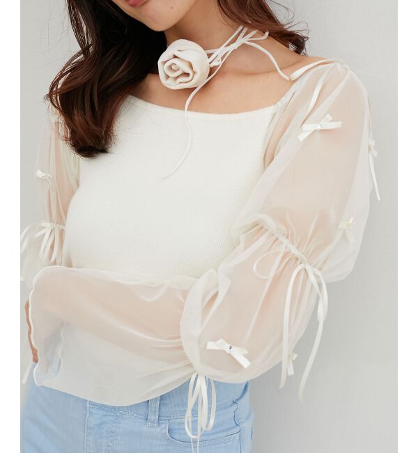 MAJESTICLEGON「チュールリボンスリーブニット」|ニット・セーター|アイボリー