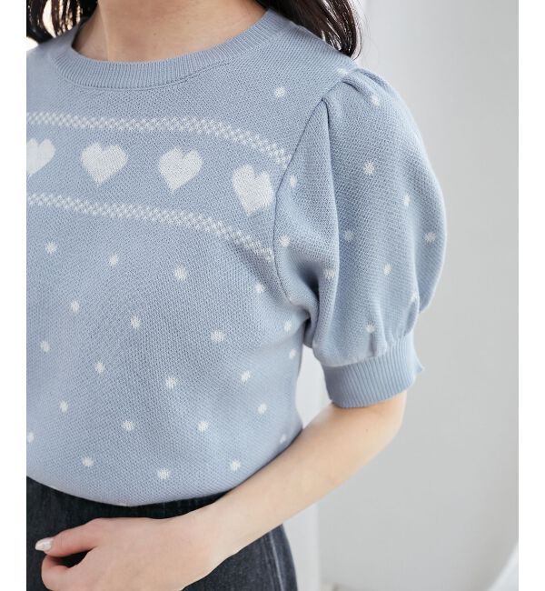  「ハートジャカードパフスリーブニット」|ニット・セーター|