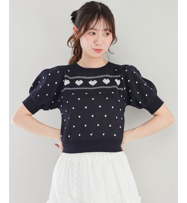  「ハートジャカードパフスリーブニット」|ニット・セーター|