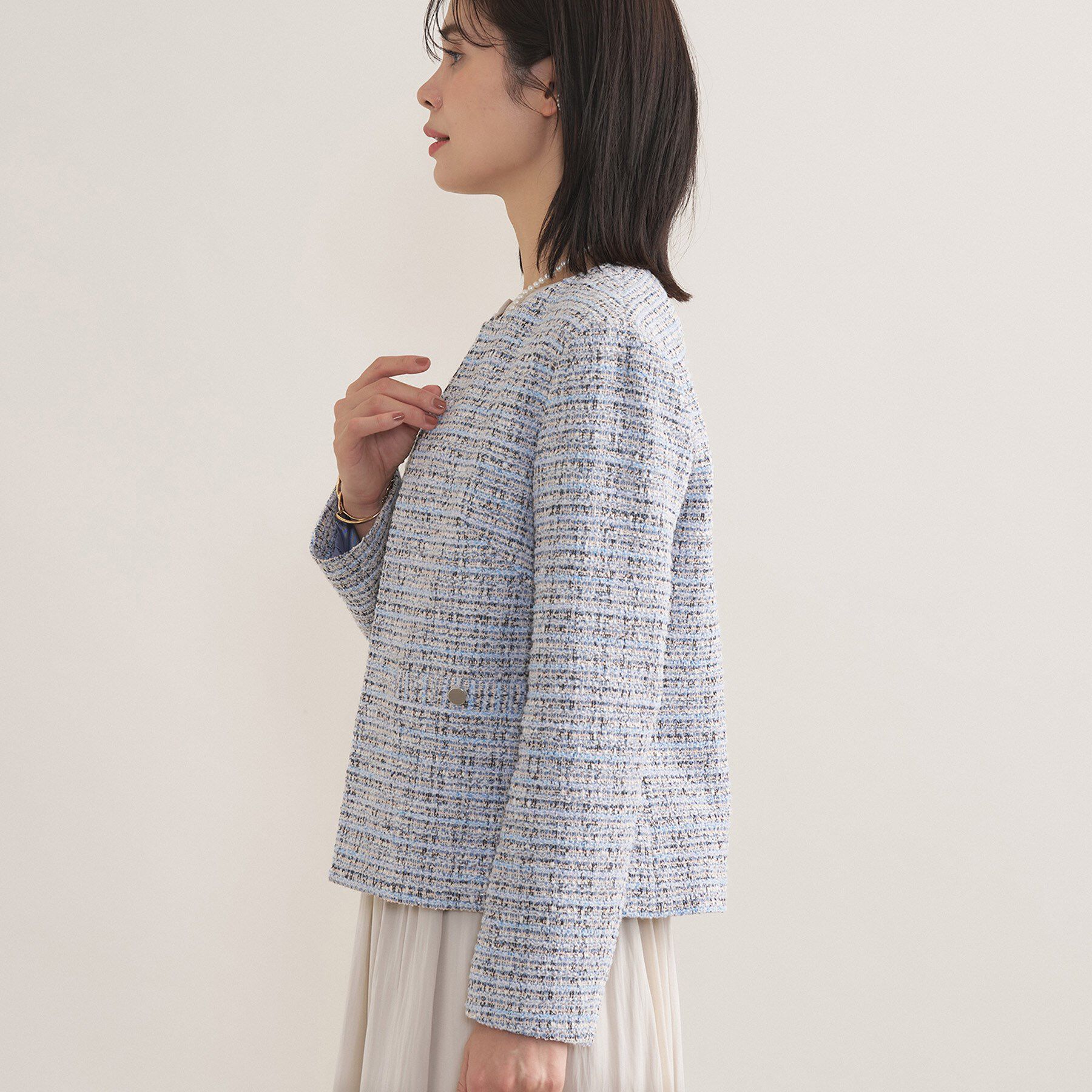 INDIVI「【セレモニー／洗える】ミックスツイードライトジャケット」|ノーカラージャケット|