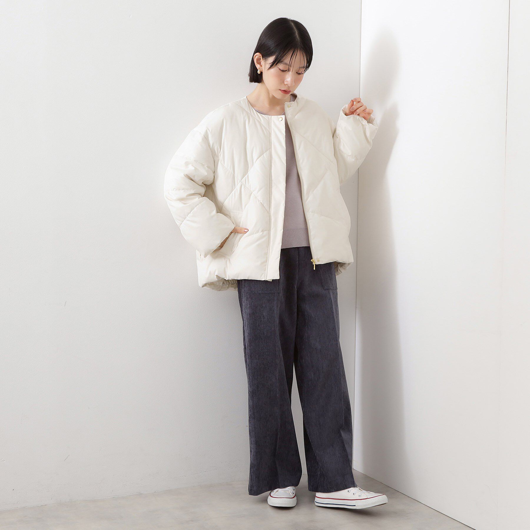 THE SHOP TK「きれいめにもカジュアルにも ノーカラーキルトジャケット」|ダウン|