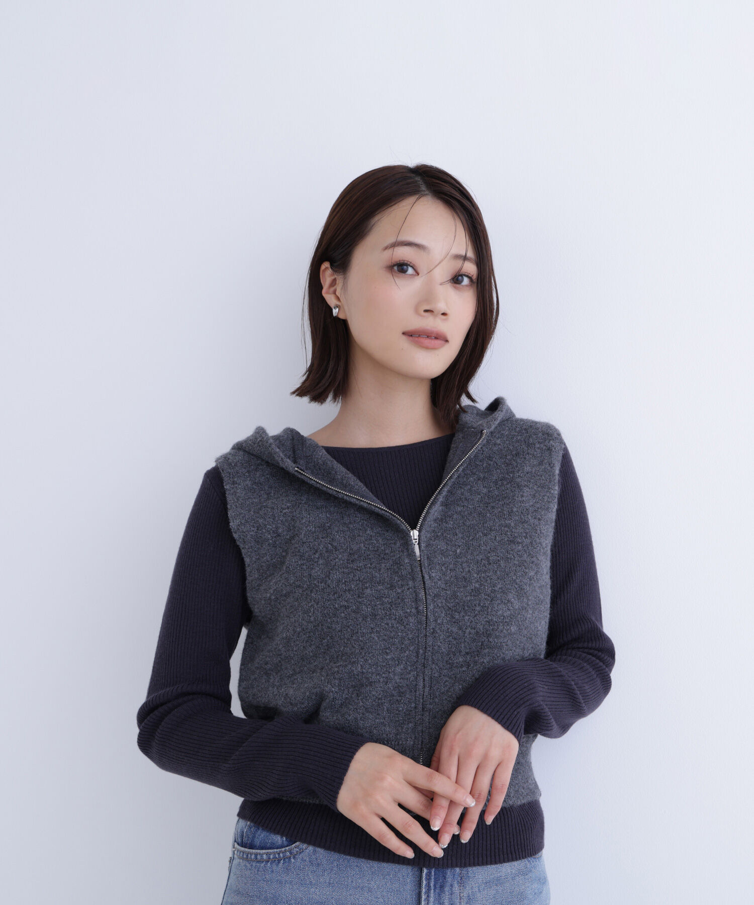  「フーディーベスト＆リブニット」|ニット・セーター|チャコール1