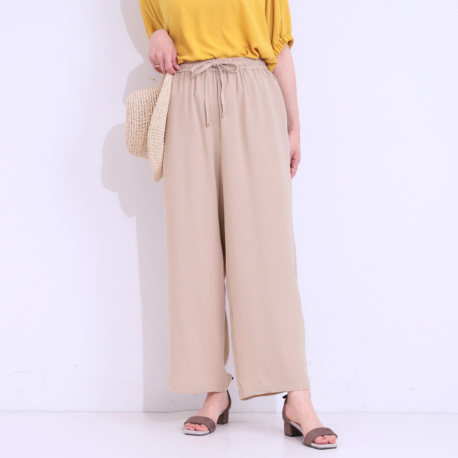 SHOO･LA･RUE「【着丈選べる/ひんやり】ストライプ見えイージーワイドパンツ」|その他|ベージュ(052)