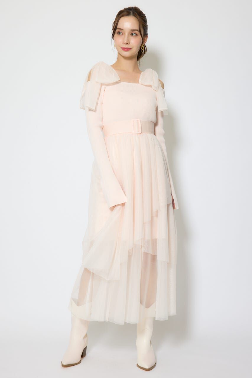 rienda「ショルダーリボンチュールニットワンピース」|ワンピース|PNK