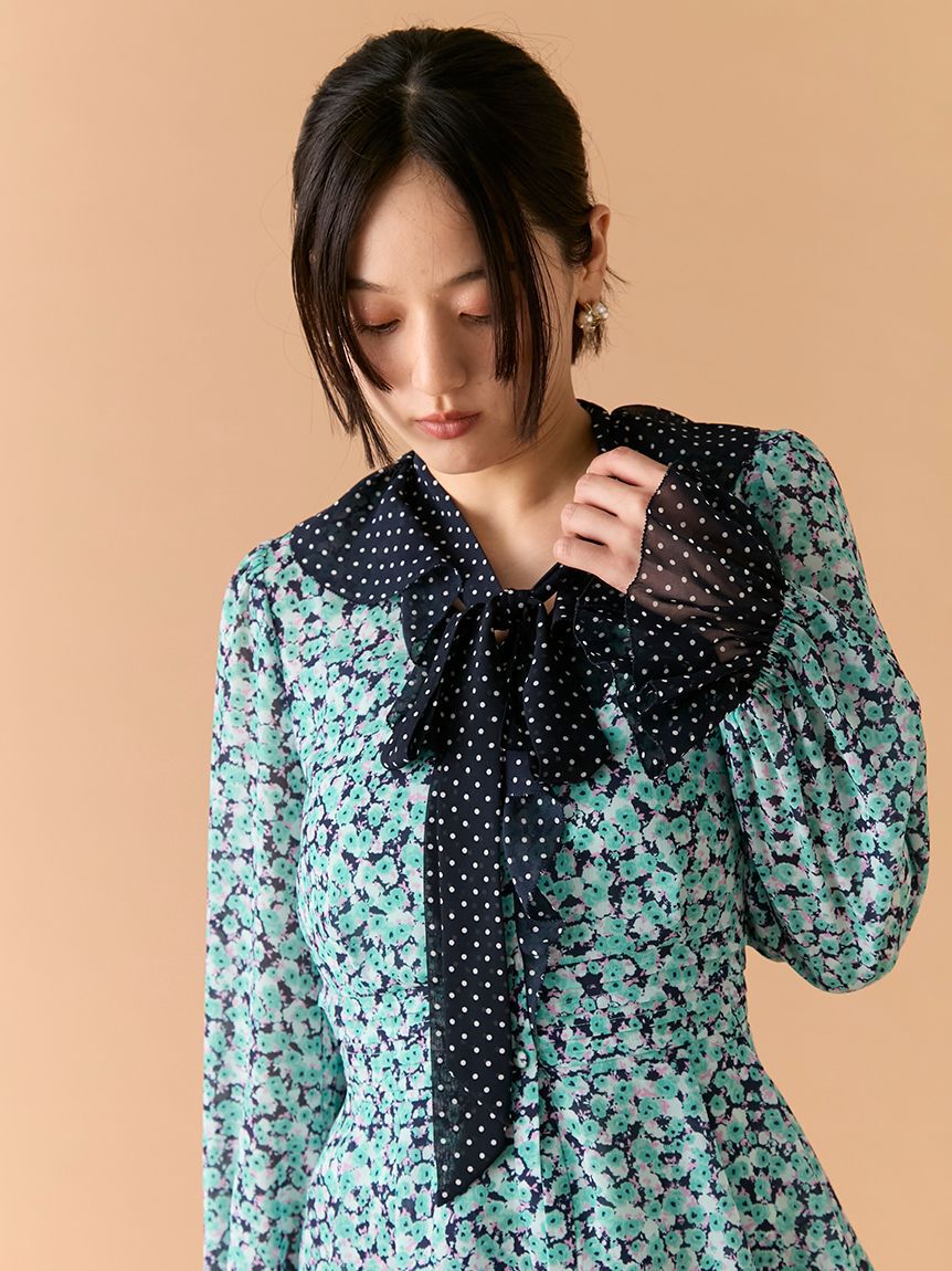 LILY BROWN「バイカラーフラワープリントボウタイブラウス」|シャツ・ブラウス|