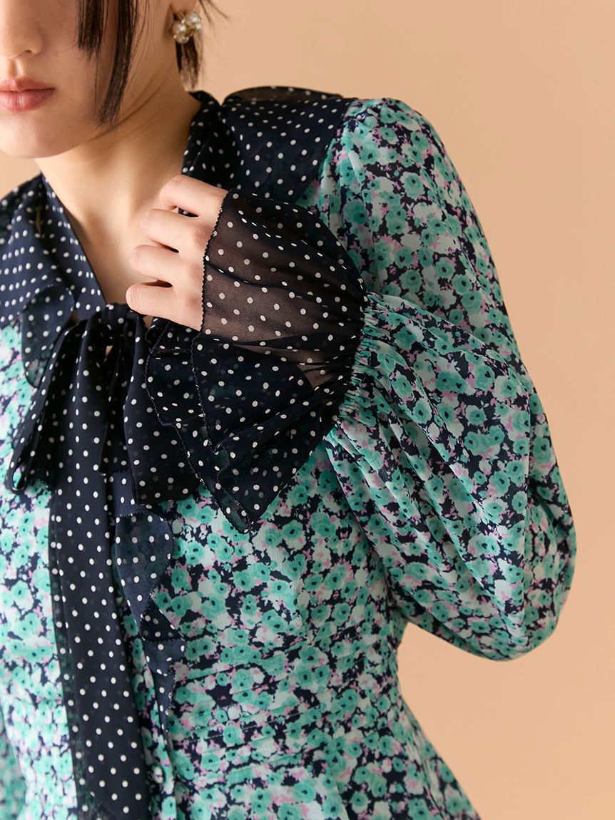 LILY BROWN「バイカラーフラワープリントボウタイブラウス」|シャツ・ブラウス|