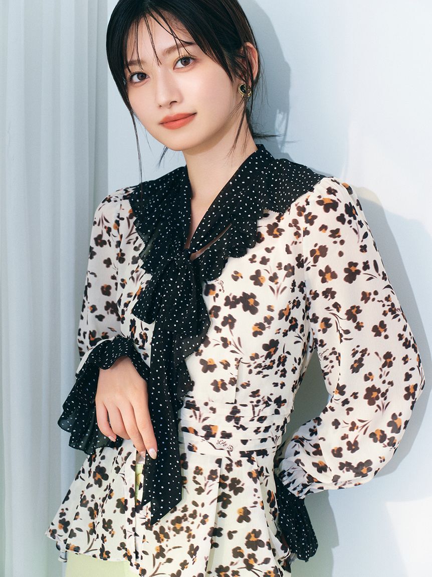 LILY BROWN「バイカラーフラワープリントボウタイブラウス」|シャツ・ブラウス|BEG