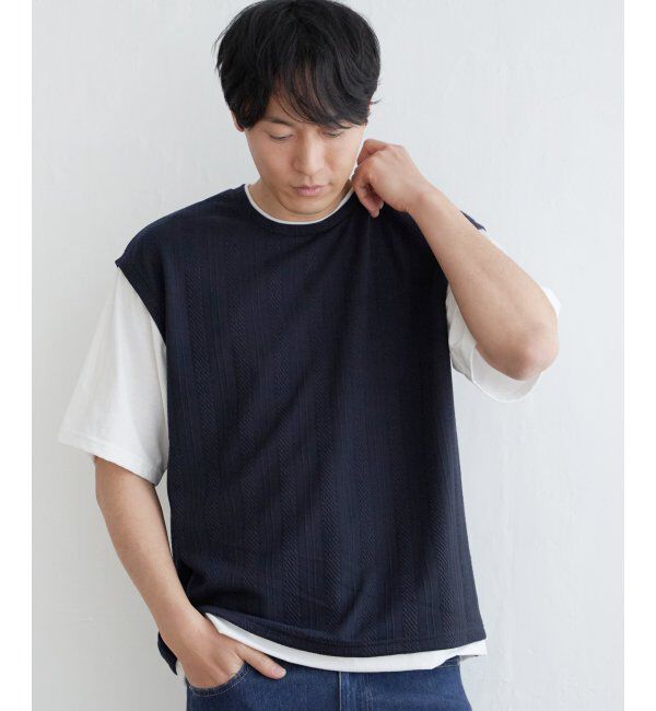 ikka「5分袖フェイクベストTシャツ」|Tシャツ・カットソー|ネイビー
