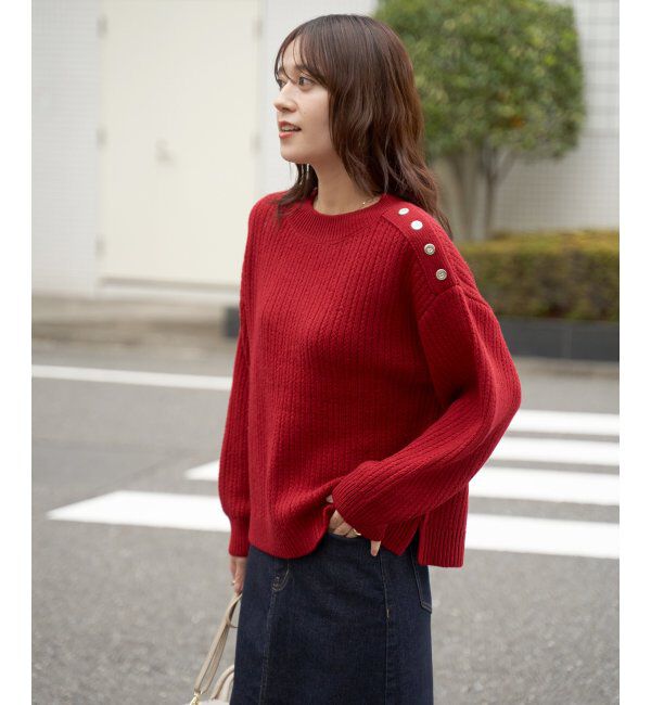 ikka「片ボタン変形リブニットプルオーバー」|プルオーバー|レッド