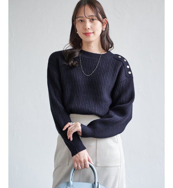 ikka「片ボタン変形リブニットプルオーバー」|プルオーバー|ネイビーブルー