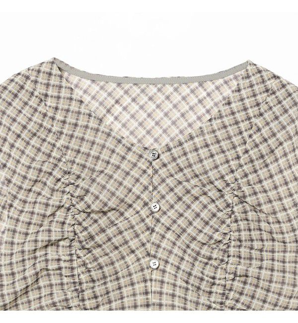 Ray BEAMS 「チェック ギャザー ノースリーブ ブラウス」|タンクトップ|