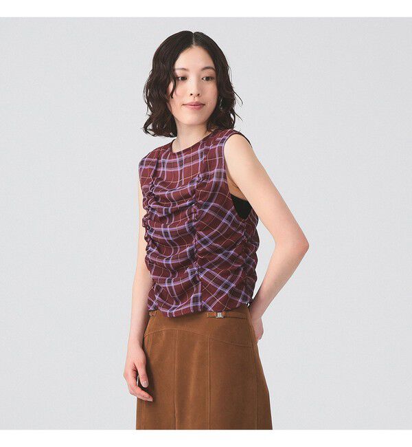 Ray BEAMS 「チェック ギャザー ノースリーブ ブラウス」|タンクトップ|