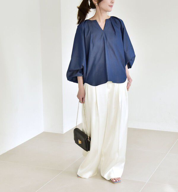 quaranciel「quaranciel:〈洗濯機可能〉ツイル スキッパー ボリュームスリーブ ブラウス」|シャツ・ブラウス|