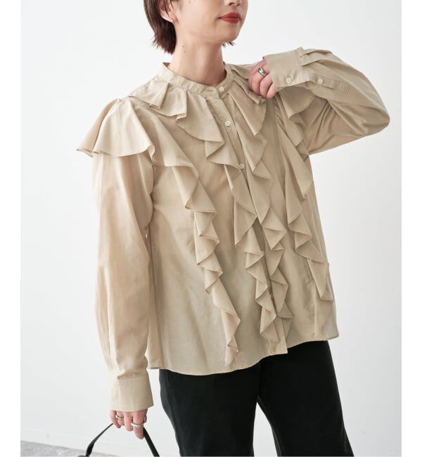 Spick and Span「《予約》スタンドカラーラッフルフリルブラウス」|シャツ・ブラウス|ベージュ