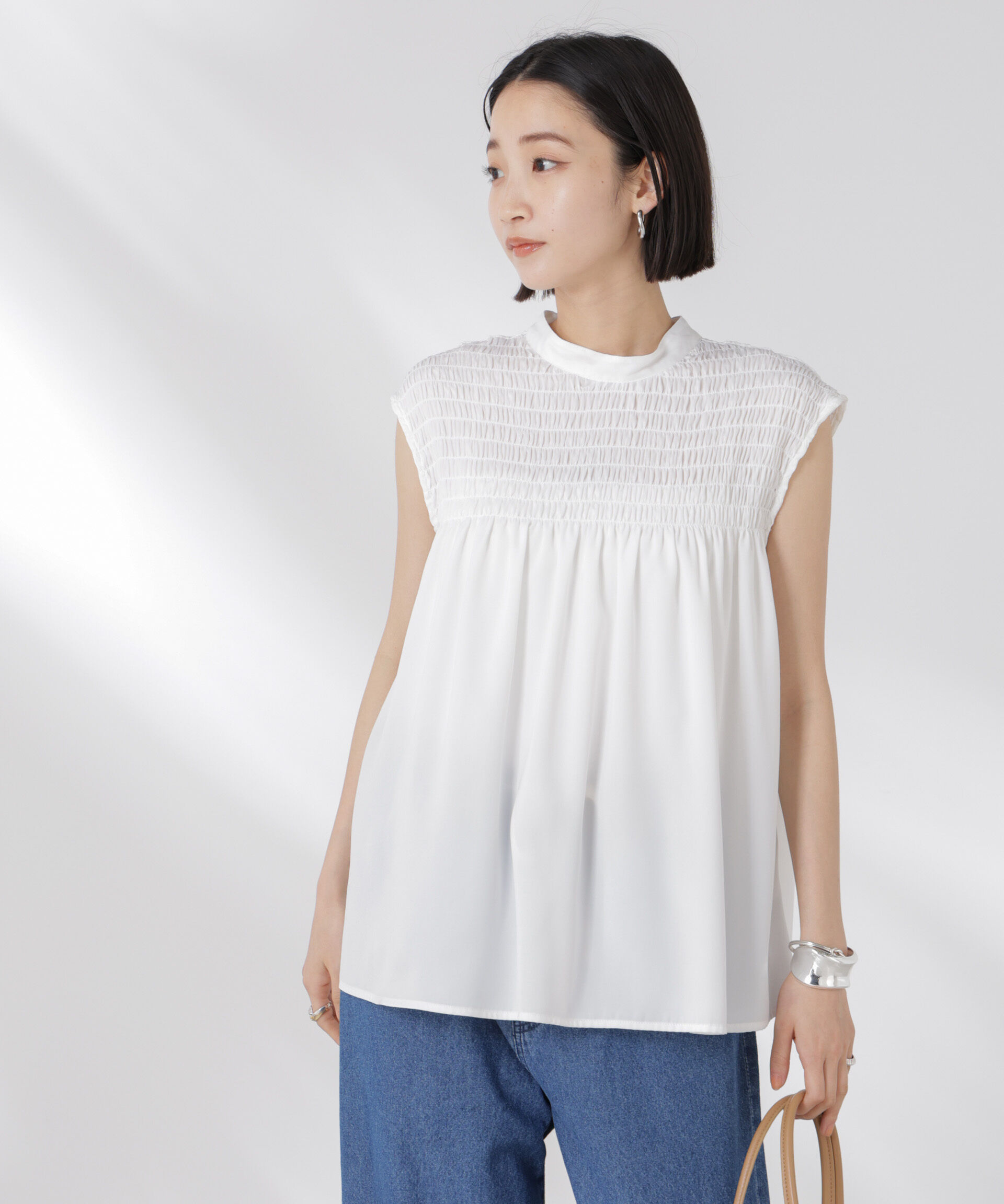 nano･universe「フロントシャーリングノースリーブブラウス」|シャツ・ブラウス|