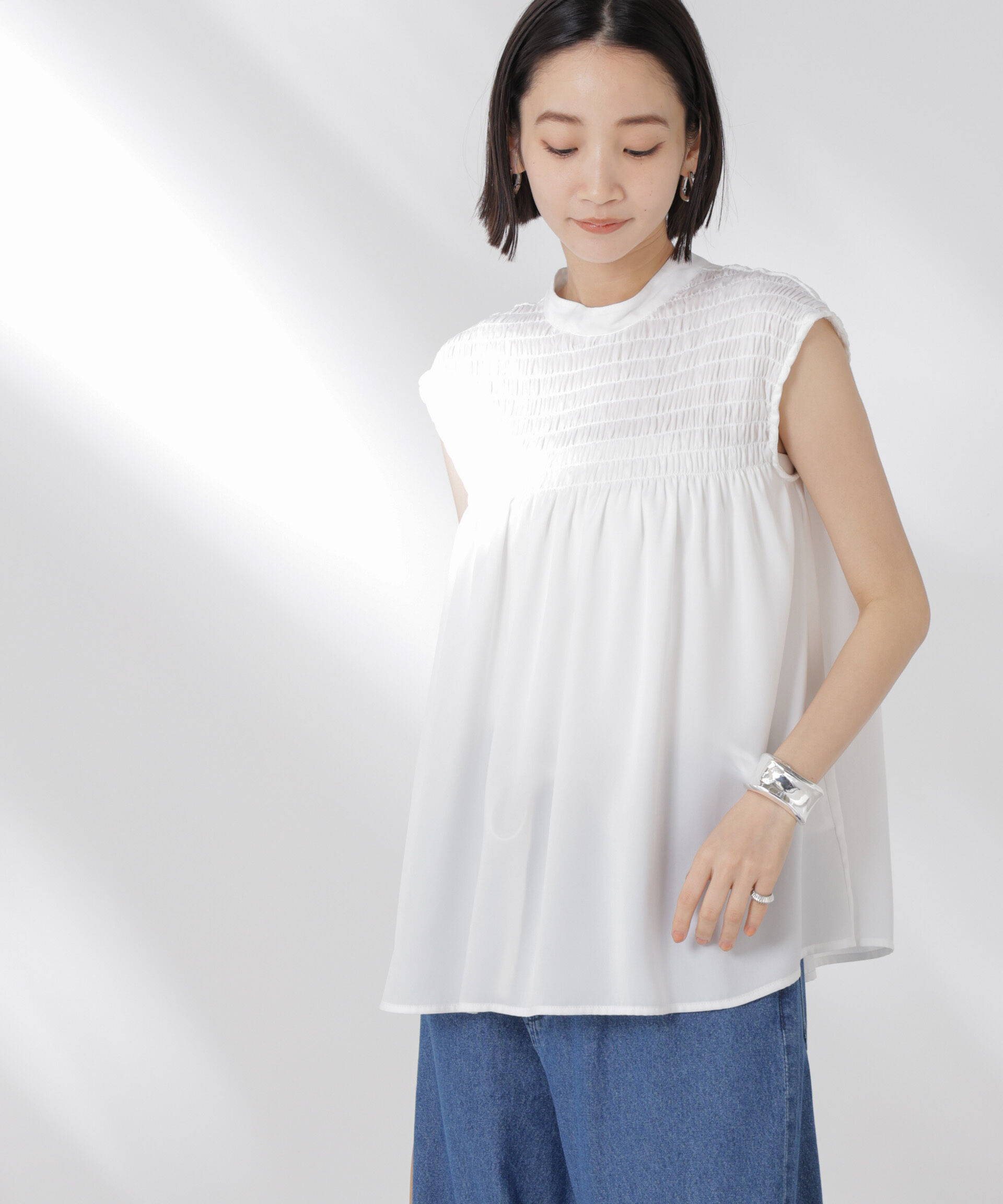 nano･universe「フロントシャーリングノースリーブブラウス」|シャツ・ブラウス|