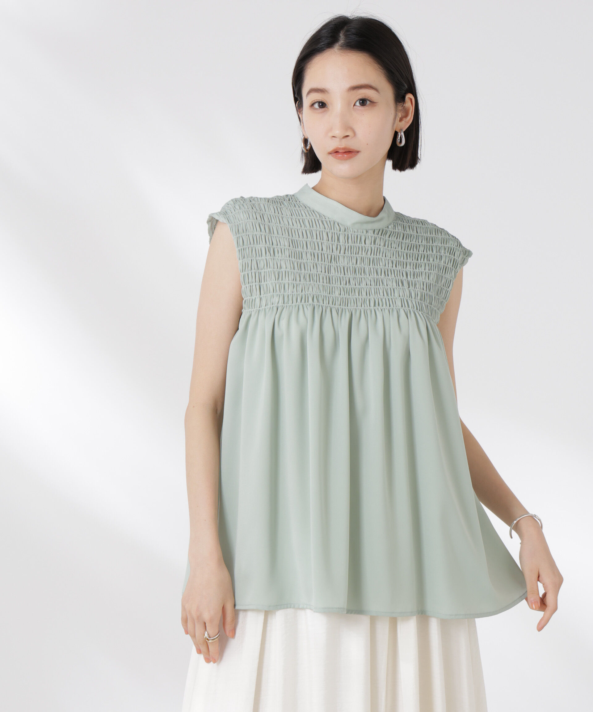 nano･universe「フロントシャーリングノースリーブブラウス」|シャツ・ブラウス|