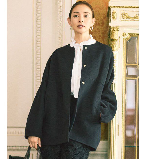 自由区「【SHIHOさん着用】ウールリバーノーカラー コート」|ノーカラーコート|ブラック