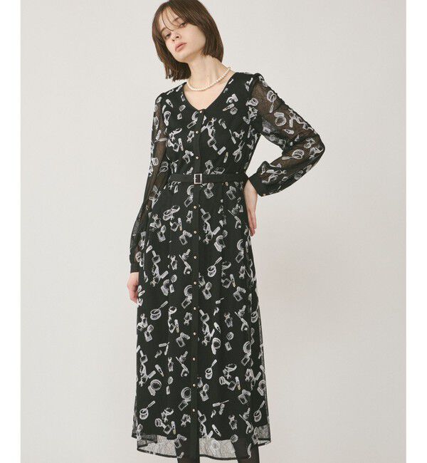 GRACE CONTINENTAL「コスメフロッキープリントワンピース」|ドレス|ブラック