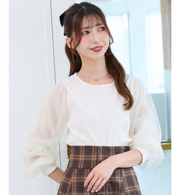  「パールチュールスリーブ長袖トップス」|Tシャツ・カットソー|アイボリー