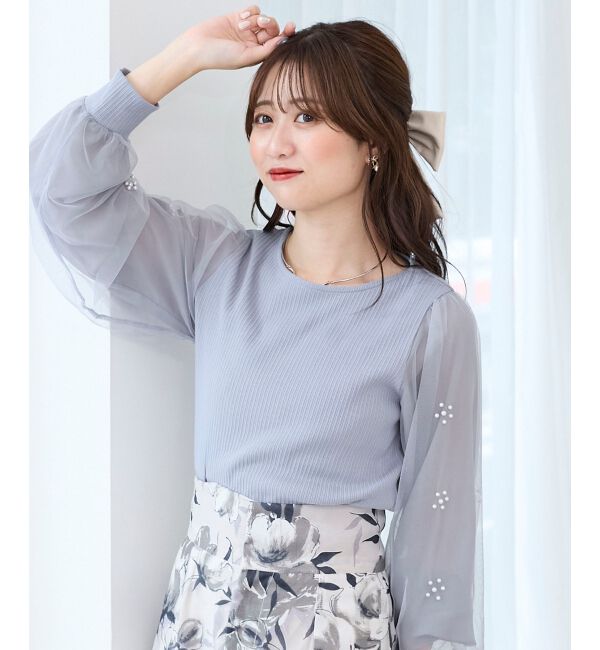  「パールチュールスリーブ長袖トップス」|Tシャツ・カットソー|