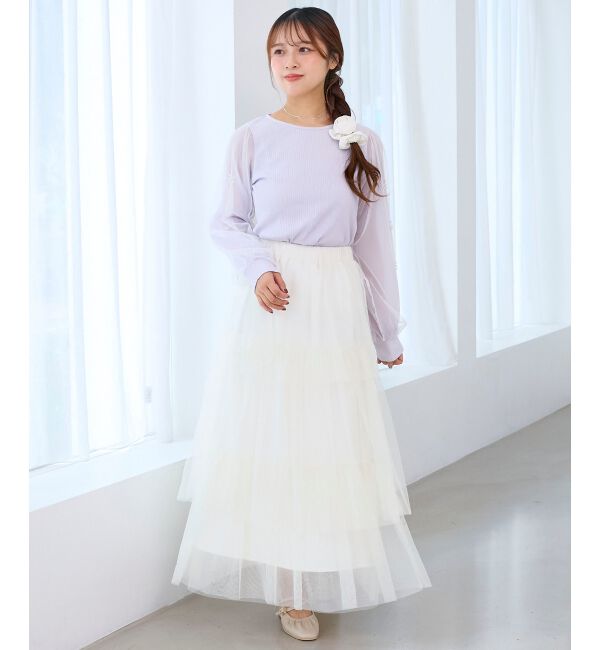  「パールチュールスリーブ長袖トップス」|Tシャツ・カットソー|