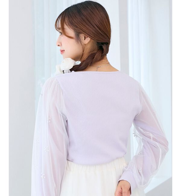  「パールチュールスリーブ長袖トップス」|Tシャツ・カットソー|