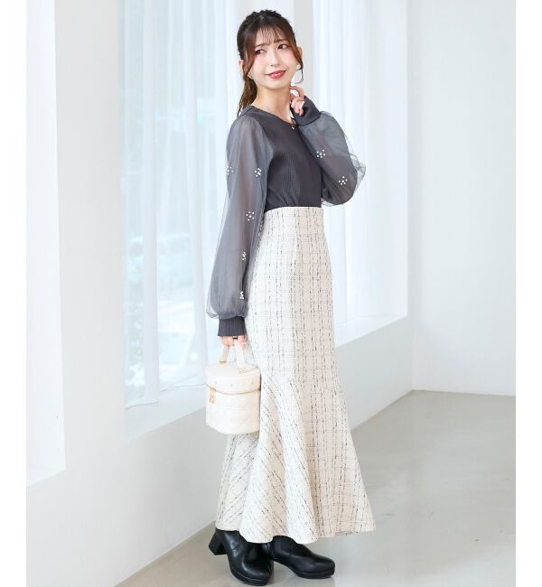  「パールチュールスリーブ長袖トップス」|Tシャツ・カットソー|