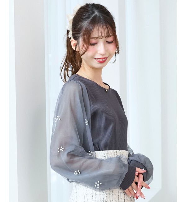  「パールチュールスリーブ長袖トップス」|Tシャツ・カットソー|