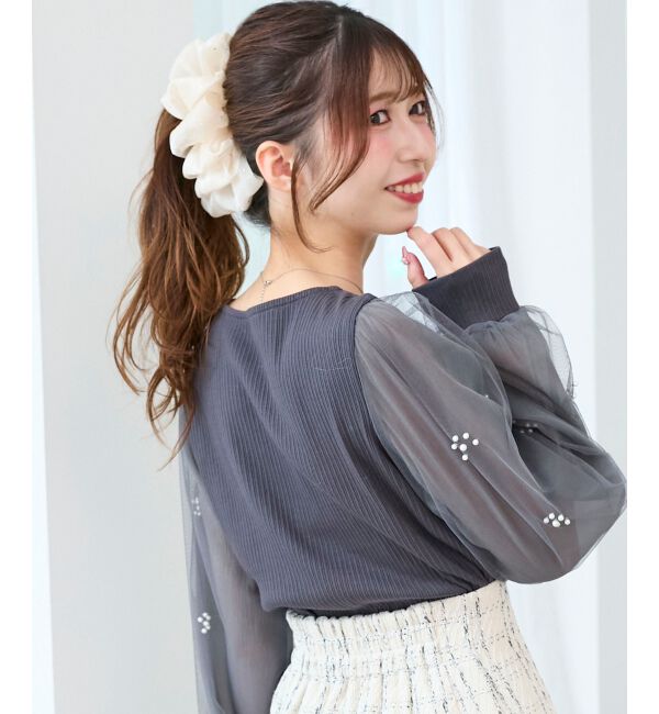  「パールチュールスリーブ長袖トップス」|Tシャツ・カットソー|