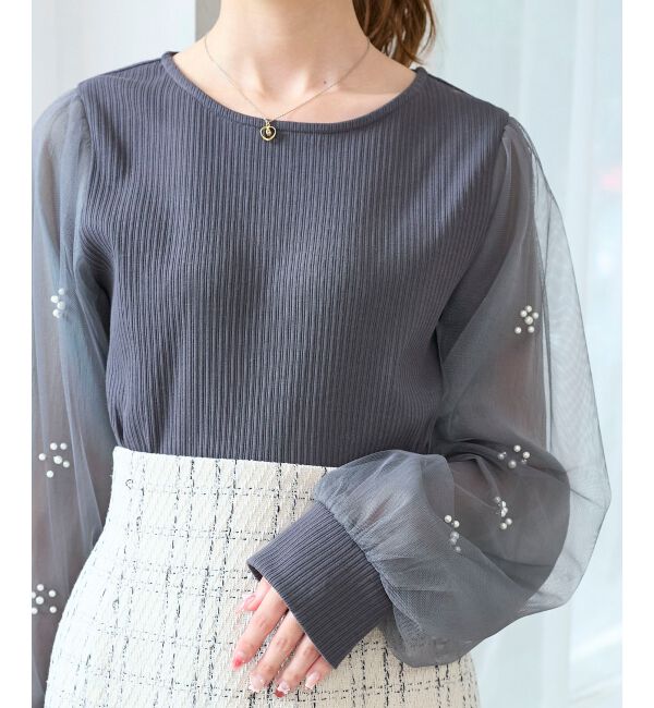  「パールチュールスリーブ長袖トップス」|Tシャツ・カットソー|