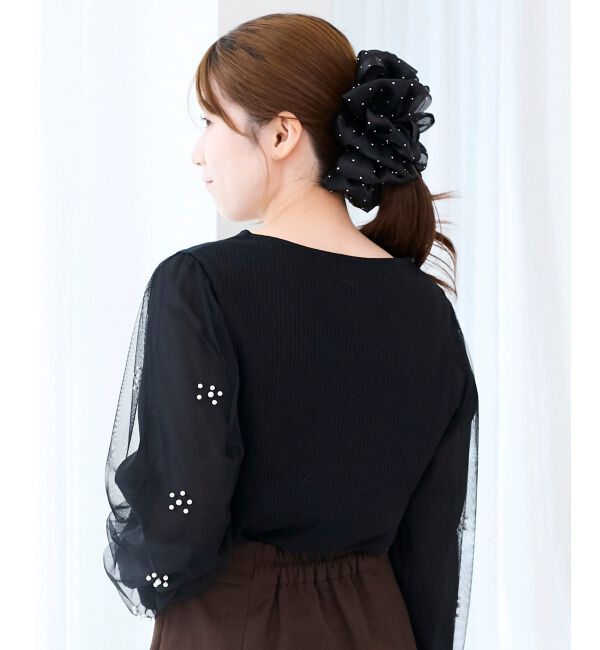  「パールチュールスリーブ長袖トップス」|Tシャツ・カットソー|