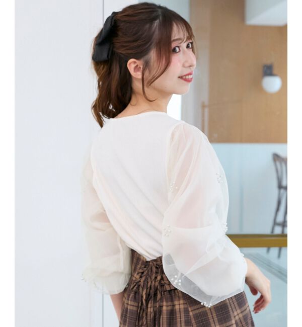  「パールチュールスリーブ長袖トップス」|Tシャツ・カットソー|