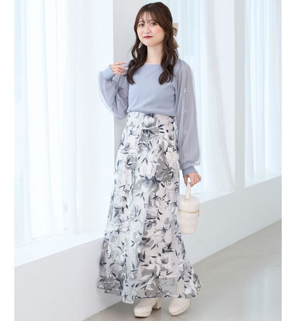  「パールチュールスリーブ長袖トップス」|Tシャツ・カットソー|