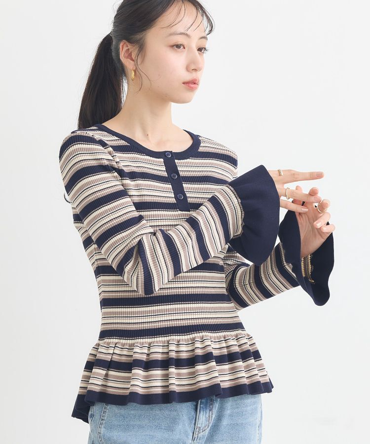earth music&ecology「ペプラムニットプルオーバー」|ニット・セーター|ボーダーネイビー
