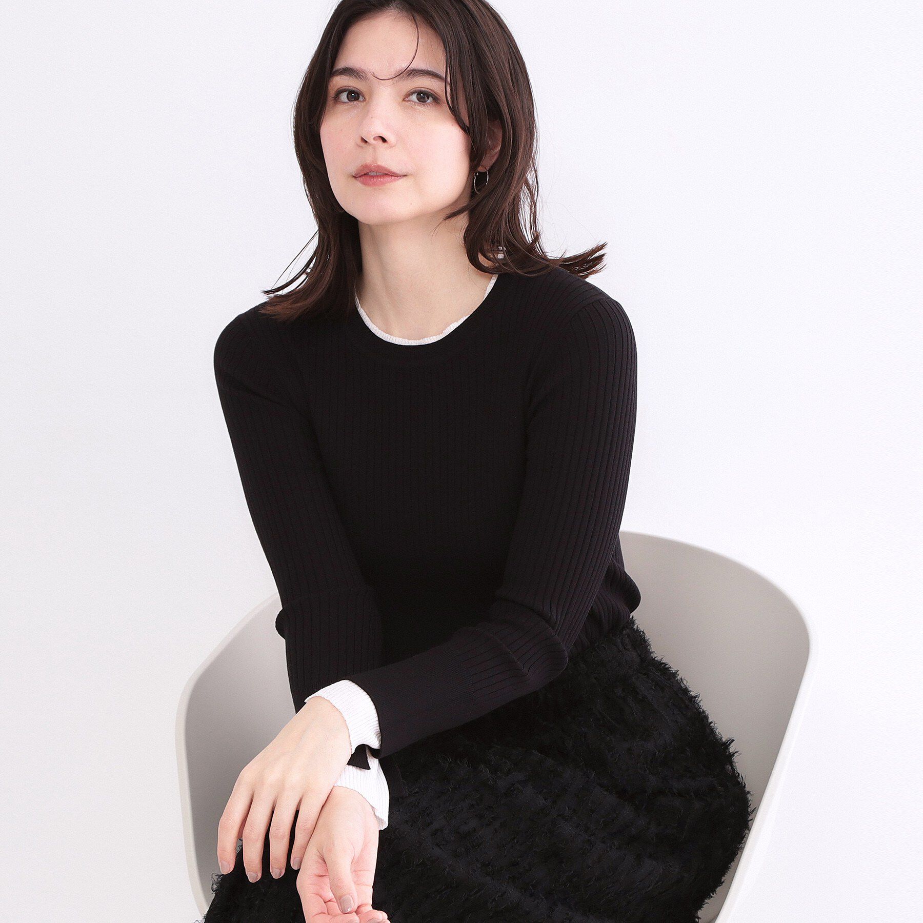OPAQUE.CLIP「レイヤード風クルーネックリブニット【洗濯機OK】」|ニット・セーター|ブラック(019)